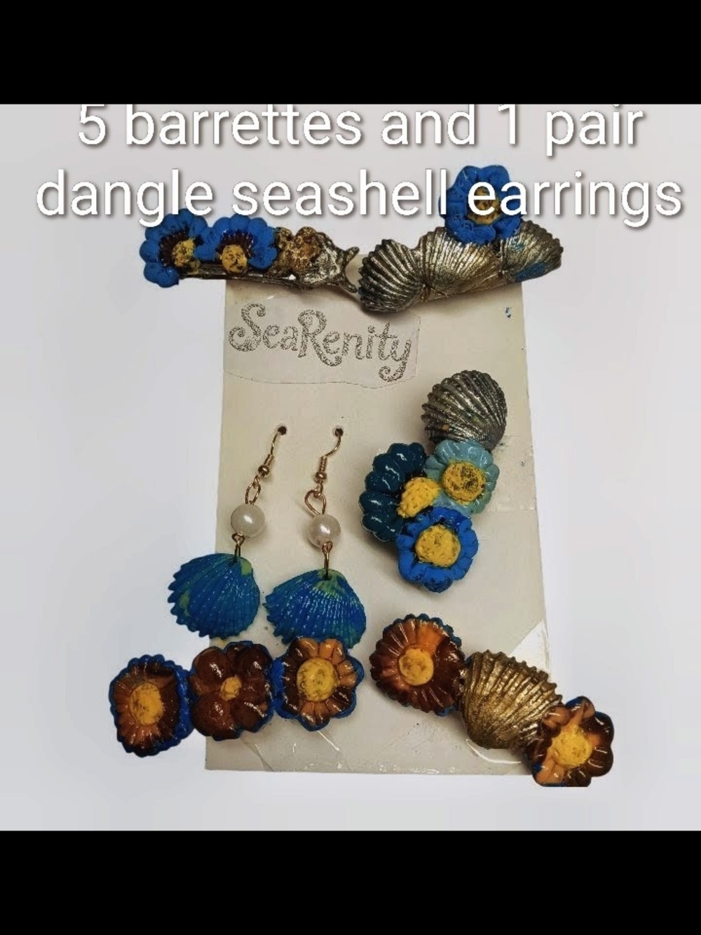 Serenity Blue & Gold Seashell Barrette and Earring Set